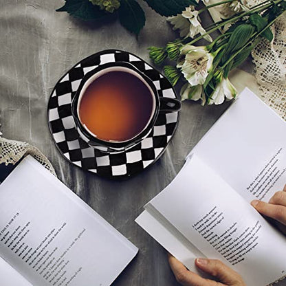 Koythin 10oz Ceramic Coffee Mug With Saucer, Black White Plaid Latte Cup | 300ml Drinkware, Microwave & Dishwasher Safe; Daily Office Cup, Sweet Gift For Women - color: Black and White Plaid