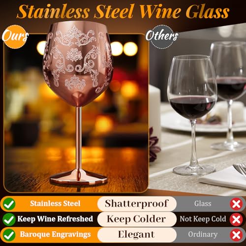 Lifecapido Stainless Steel Wine Glasses Set of 2, 18oz Etched Rose Gold Wine Goblets, Unique Wine Glasses with Intricate Baroque Engravings for Party Wedding Anniversary - color: Rose Gold