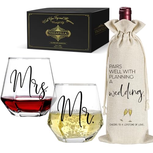 Mr Mrs Stemless Wine Glasses Gift Set 15oz, Couples Gifts for Bridal Shower Engagement Anniversary Wedding Shower Valentine's Day Birthday Christmas, 1 Pack Reusable Burlap Wine Bag-38