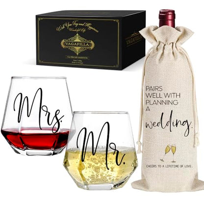 Mr Mrs Stemless Wine Glasses Gift Set 15oz, Couples Gifts for Bridal Shower Engagement Anniversary Wedding Shower Valentine's Day Birthday Christmas, 1 Pack Reusable Burlap Wine Bag-38
