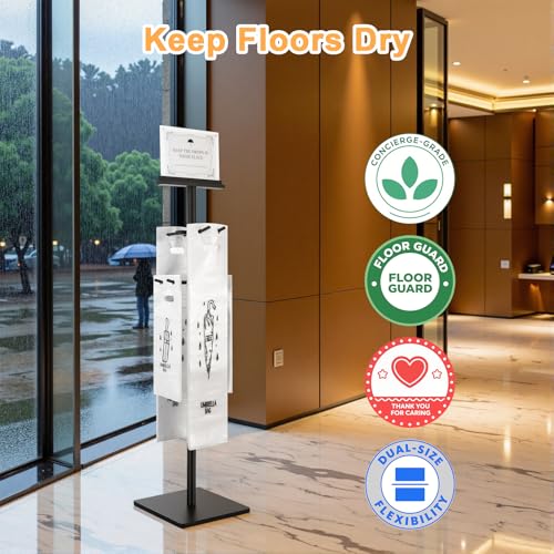 Wet Umbrella Stand with 400 Free Plastic Umbrella Bags disposable for Entry | 4-Side Hanging Umbrella Holder | Magnetic Signs | Dual-Size Umbrella Bag