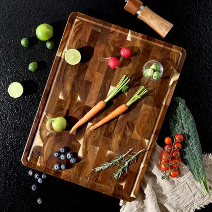 Extra Large End Grain Cutting Board for Kitchen with Non-slip Feet, Acacia Wood Heavy Duty Checkered Cutting Board with Juice Groove & Handle Handcrafted Luxury Chopping Board for Meat, Vegetables - size: 24"L x 18"W