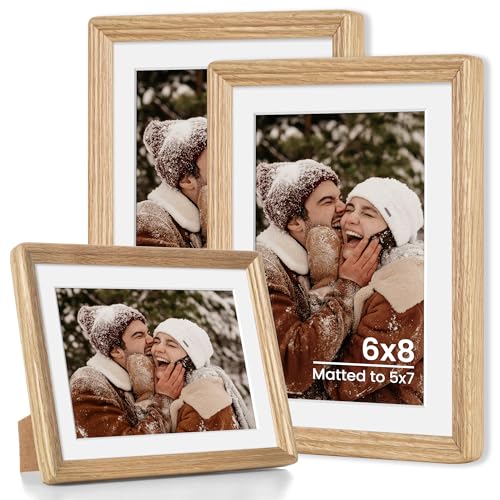 6x8 Natural Solid Oak Wood Picture Frame with 5x7 Mat, Premium Rustic Wooden Photo Frames with Plexiglass, Poster Photo Frame Suitable for Gallery Wall Mount or Tabletop Display, 3 Packs - color: Natural, size: 6x8-3P