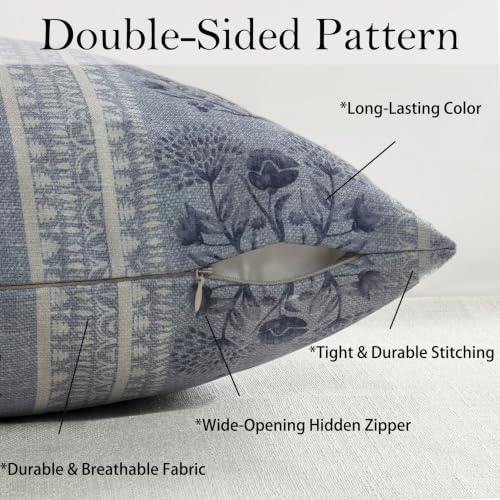 Blue Strips Throw Pillow Cover Floral 18x18 inch Neutral | Farmhouse Pillow Covers Coastal Boho Deco Couch Cushion for Sofa Living Room Bedroom - color: Grey Blue