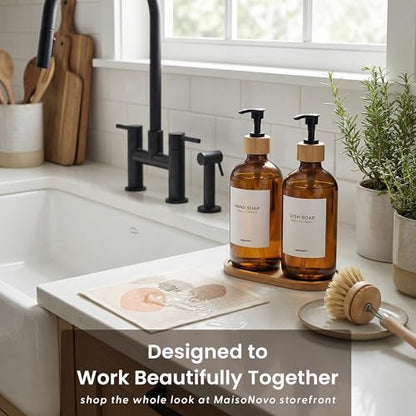 MaisoNovo Glass Dish Soap Dispenser for Kitchen Set of 2-16.9oz Amber Dish and Hand Soap Dispenser Set for Kitchen - Amber Glass Bottles x 2 with Black Bamboo Pumps & Tray - color: Amber Bottles/Black Bamboo Pumps