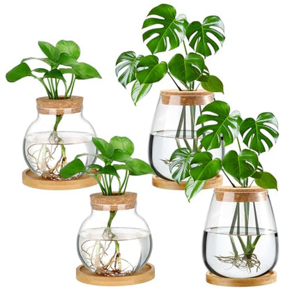 Layhit 4 Pcs Plants Propagation Stations vases Glass Planters with Wooden Lid and Bamboo Stand for Hydroponic Plants Gardening Gifts for Women Mom Home Office Tabletop Decoration(Lovely Style) - style: Lovely Style