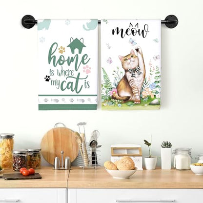 Cute Cat Tea Towels, 100% Cotton Kitchen Towels, Set of 2 | 18.9 x 27.5 in / 48 x 70 cm, Lightweight Woven Dish Cloth, Cat Lover Gifts, Kitchen Decor, Housewarming Gift - color: Cat