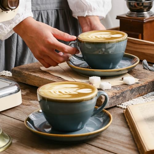 SHUER Ceramic Cappuccino Cup Set of 4, 7.8 OZ Cups and Saucers Set,Coffee Mocha Cup Sets,Black Coffee Cups and Glaze Americano Mugs Great for Party and Low Tea Time (Blue 220ml) - size: Small(220ml)