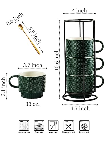 LYEOBOH Coffee Mug Set Porcelain Stackable Coffee Mugs with Stand and Spoons, 13 OZ. Cappuccino Cup Demitasse Cups for Drinks, Espresso, Latte,Set of 4, Dark Green - color: Dark Green