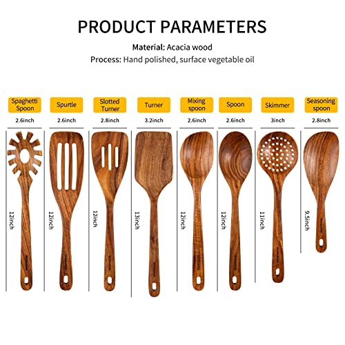 Wooden Spoons for Cooking,8PCS Natural Acacia Wood Utensil Set | Easy to Clean, Durable, Smooth with Comfort Grip,Nonstick Safe & Heat Resistant with Ergonomic Handles,For gift - size: 8 pieces (Acacia)