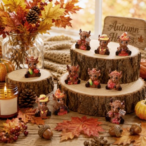 Yaomiao 60 Pcs Mini Resin Highland Cow Fall Maple Leaf Gnomes Statues Pumpkin Gnome Figures Table Decor for Fall Autumn Holiday Festive Home Kitchen Tiered Tray - style: Fall Highland Cow