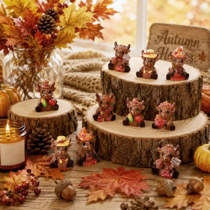 Yaomiao 60 Pcs Mini Resin Highland Cow Fall Maple Leaf Gnomes Statues Pumpkin Gnome Figures Table Decor for Fall Autumn Holiday Festive Home Kitchen Tiered Tray - style: Fall Highland Cow
