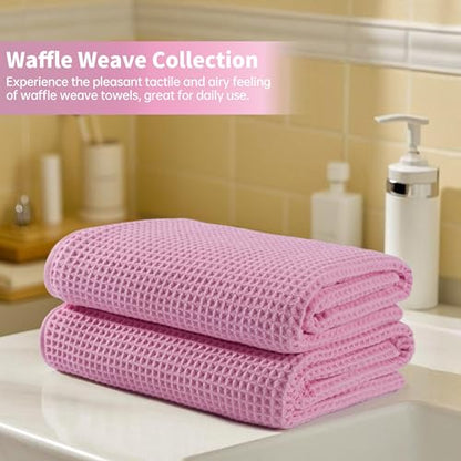 Microfiber Waffle Bath Towels, 4 Pieces, Soft, Absorbent, Fast Drying, Lint Free 430 GSM (27''x55''/68.58 cm x139.7 cm) - color: Pink