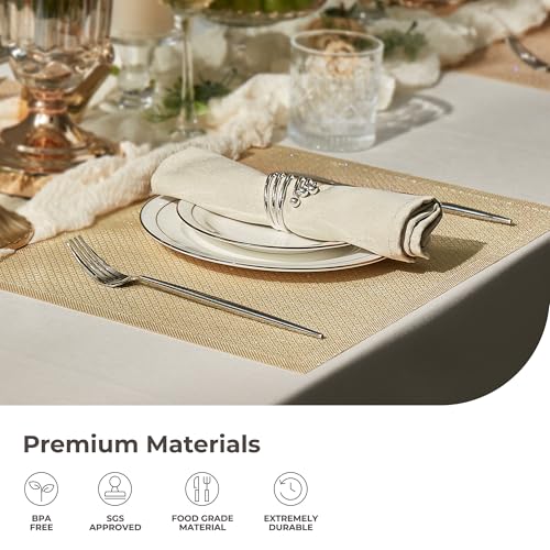 Leetaltree Woven Vinyl Placemats Set of 24, Gold Sequin | Waterproof & Washable Dining Table Mats for Wedding, Anniversary, Daily Use, Hand-Cut, Easy to Clean - color: 00- Gold Sequin, size: Set of 24