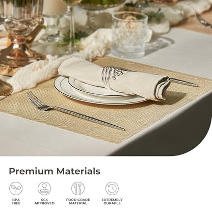 Leetaltree Woven Vinyl Placemats Set of 24, Gold Sequin | Waterproof & Washable Dining Table Mats for Wedding, Anniversary, Daily Use, Hand-Cut, Easy to Clean - color: 00- Gold Sequin, size: Set of 24