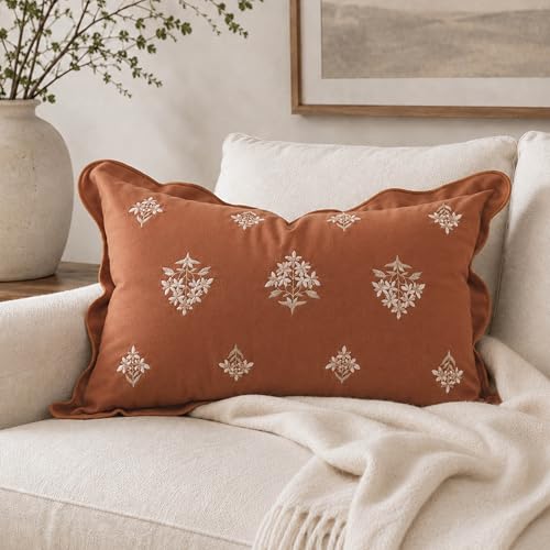 BlissBlush Lumbar Pillow Cover 12x20, Terracotta Velvet Decorative Lumbar Pillow Cover, Floral Accent Cushion Cover with Embroidery and Scalloped Edge for Couch Sofa Bed, Cover ONLY - color: Orange Terracotta, size: 20" x 12" (Pack of 1)