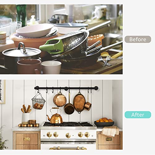 ROTHLEY Hanging Pot Rack Hanger: 23.7 Inch Stainless Steel Pot and Pan Hanger Pot Rack Wall Mounted Hanging Pots and Pans Rack Pot Hangers for Kitchen Wall Kitchen Rail with Hooks（Matt Black） - color: Matte Black, size: 23.7 inch