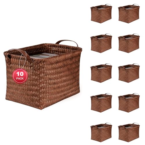 10pcs 15L Laundry Baskets Waterproof Storage Basket For Shelves Large Laundry Hamper With Leather Handle -Cube Organizer Woven Bins for Bathroom,Bedroom,Pantry,Clothes,Car Towels-Brown - color: Brown*10 Set