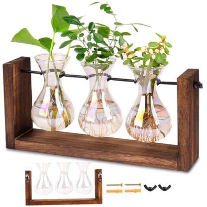 Propagation Stations Iridescent Plant Propagation Station, 3Pcs Gradient Bulb Vase with Wooden Stand Tabletop Plant Terrarium for Hydroponics Home Office Garden Decor|Terrariums