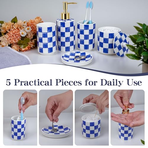 Ceramic Bathroom Soap Dispenser Set, Checkered Bathroom Vanity Set with Lotion Pump, Toothbrush Holder, Soap Dish & Storage Jar, Modern Bathroom Sink Accessories (Blue) - style: Blue