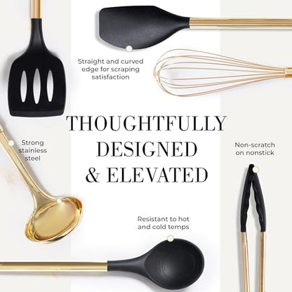 Styled Settings Black and Gold Cooking Utensils Set, 7-Piece, Black & Gold | Nonstick Silicone Cooking Utensils Set with Gold Utensil Holder, White and Gold Kitchen Accessories for Modern Kitchens - color: 7 Piece Black & Gold