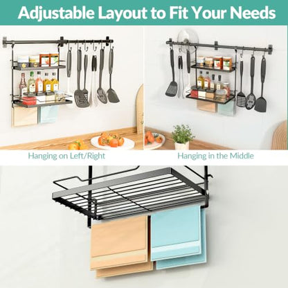 NADAMOO Spice Rack Wall Mount, 2-Tier Storage Shelf with Utensil Hanger | Adjustable Shelf & Hooks, Holds 40 lbs, Black Metal Vertical Storage Organizer Fits Kitchen Bathroom Laundry Coffee Bar