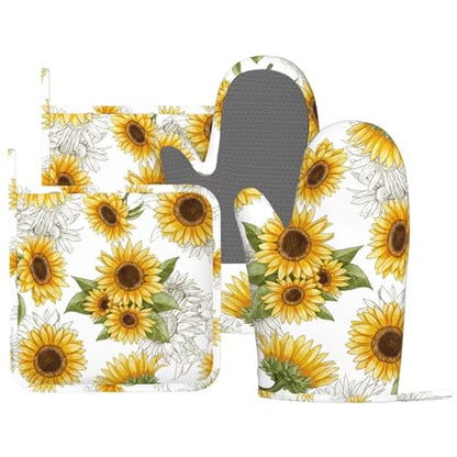 Yellow Sunflower Oven Mitts Pot Holders Set Silicone Heat Resistant Sunflowers Oven Mitts and Hot Pads Yellow Flowers Potholders Non-Slip Oven Gloves for Cooking Baking Grilling BBQ - color: Yellow