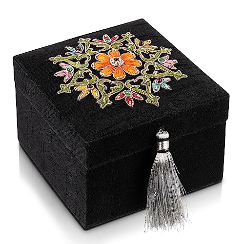 Handmade Embroidered Jewelry Storage Box with Ruby Gemstone, Small Decorative Keepsake Box, Trinket Box, Memento Box, Gift Presentation Box, Home Décor Accent - color: Orange with multicolor border