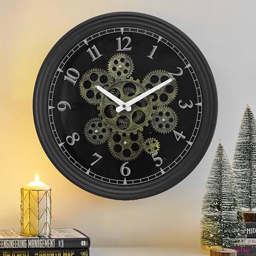 15 Inch Industrial Steampunk Moving Gear Wall Clock for Home Office | Durable Black Metal, Silent Non Ticking, Unique Wall Clocks for Living Room,Kitchen & Home Office - color: Matte Black, size: 15 Inch