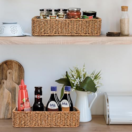ZAVOOS 2 Pack Toilet Tank Basket with Handwoven Built-in Handle | Rectangular Wicker Shelf Baskets for Organizing, Countertop Storage Bin for Bathroom Tank Top, Bedroom Closet