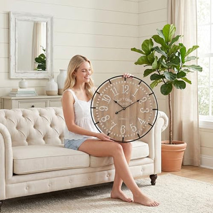 EMAX HOME 24 Inch Large Farmhouse Wall Clock - Rustic Antique Wood, Silent Battery Operated Clock for Office Kitchen Bedroom Living Room - color: Brown, size: 24 Inch Arabic numerals