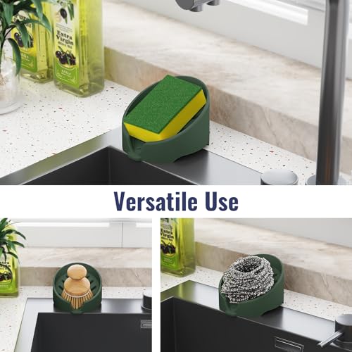 NiHome Silicone Sponge Holder for Kitchen Sink, Fits Scrub Daddy Mommy | Self-Draining Dispenser Organizer Tray, Sink Caddy Countertop Fits Soaps, Scrubber, Dishwasher Safe, Includes Brush - color: Dark Green