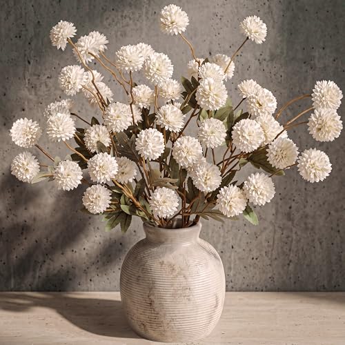 CEWOR 10 Pcs Faux Silk Pompon Mum Artificial Flowers for Vase, Bulk Fake Chrysanth Branches with Stems for DIY Bouquet Centerpieces Decor Wedding Floral Arrangements (Cream) - color: 10pcs White