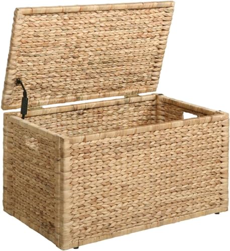 Water Hyacinth Wicker Storage Trunk, Natural, 30x17.5x17.5 Inches | Safety Hinge, Metal Frame, Decorative Blanket Chest & Storage Box, Farmhouse Woven Storage, For Living Room & Entryway - color: Natural (Hyacinth), size: 30" x 17.5"