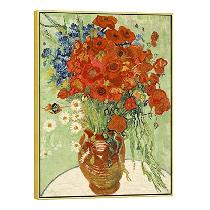 Wieco Art Gold Framed Art Red Poppies and Daisies Large Canvas Prints Wall Art of Van Gogh Famous Artwork Oil Paintings Reproduction Classical Flowers for Living Room Home Decor - size: 32"L x 24"W