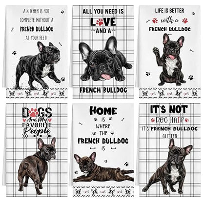 Redbaker 6 Pcs Funny French Bulldog Kitchen Towels | Cute French Bulldog Dish Towel, Dog White and Black Hand Dishcloth with Hanging Loop for Dog Owners Lover Housewarming Gift - style: French Bulldog