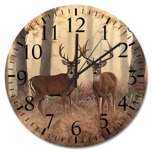 Deer Buck Wall Clock Jungle Deer 15 Inch Large Wall Clocks Battery Operated Silent Modern Boho Retirement Living Room Decor Gift for Man Woman Friend Anniversary