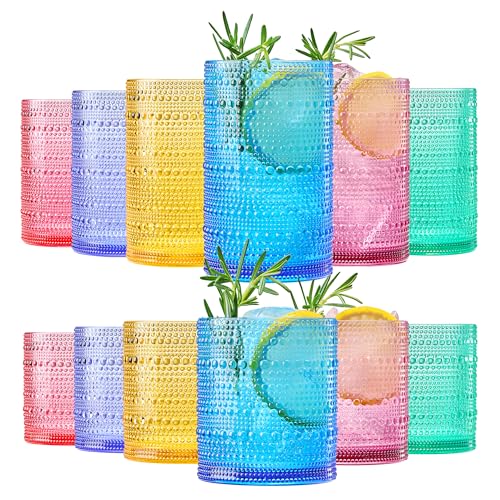 Khen Plastic Hobnail Drinking Glasses Set of 12 Bright Tones Cups 6x 10oz Lowball & 6x 1oz Highball Acrylic Beaded Design, BPA-Free, Dishwasher Safe Indoor/Outdoor Drinkware Water, Juice, Cocktails - color: Sunshine Colors, style: Set of 12