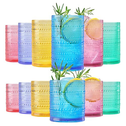 Khen Plastic Hobnail Drinking Glasses Set of 12 Bright Tones Cups 6x 10oz Lowball & 6x 1oz Highball Acrylic Beaded Design, BPA-Free, Dishwasher Safe Indoor/Outdoor Drinkware Water, Juice, Cocktails - color: Sunshine Colors, style: Set of 12