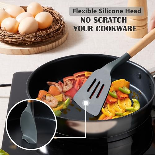 E-far Silicone Cooking Utensils Set, 5-Piece Kitchen Utensils Set with Wooden Handle for Cooking, Silicone Kitchen Nonstick Tools Spatula Turner Slotted Spoons, Nontoxic & Heat Resistant-Gray - color: Gray, size: 5