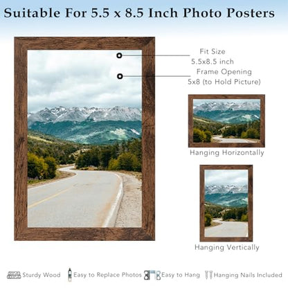 5.5x8.5 Picture Frame Deep Brown for Wall Hanging or Tabletop, Wood 5.5 x 8.5 Frame Photo Frame for Wall Horizontally or Vertically, Deep Brown,3 Pack - size: 5.5x8.5 inch
