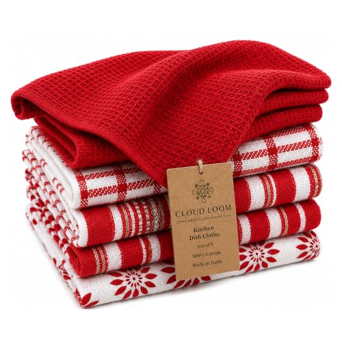 CLOUDLOOM Cotton Assorted Red Kitchen Towels with Loop, Set of 5, 16"x26" | 100% Cotton, Soft & Absorbent Dish Towels with Hanging Loop, Waffle Weave Tea Towels for Drying Dishes, Glassware & Counters - color: Red