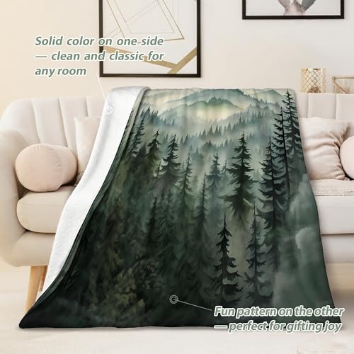 Sage Green Forest Twin Blanket, 60x80 in | for Nature Mountain, Cabin Tree Flannel Blankets, for Couch Bed Living Room Sofa, Decorative Patterned, Super Soft Cozy - size: 60"W x 80"L