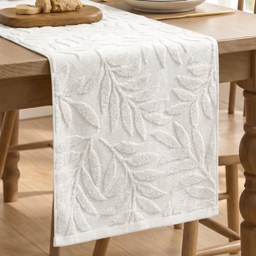 Artoid Mode White Soft 3D Jacquard Leaves 100%Cotton Spring Table Runner, Holiday Kitchen Dining Table Decoration for Home Party Decor 13x72 Inch - color: White
