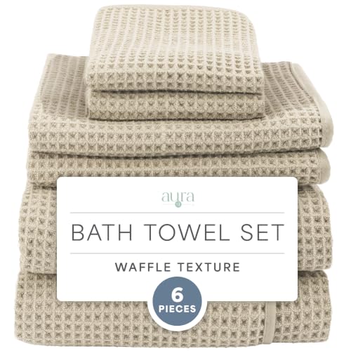 S&T INC. Aura Waffle Bath Towel Set, 6 Pieces, Beige | 2 Bath Towels, 2 Hand Towels, 2 Wash Cloths, Absorbent Microfiber, Quick-Dry and Lightweight, 420GSM - color: Beige