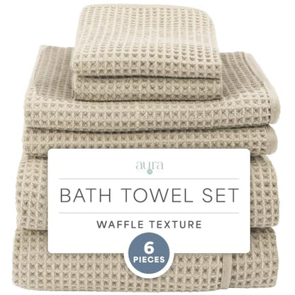 S&T INC. Aura Waffle Bath Towel Set, 6 Pieces, Beige | 2 Bath Towels, 2 Hand Towels, 2 Wash Cloths, Absorbent Microfiber, Quick-Dry and Lightweight, 420GSM - color: Beige