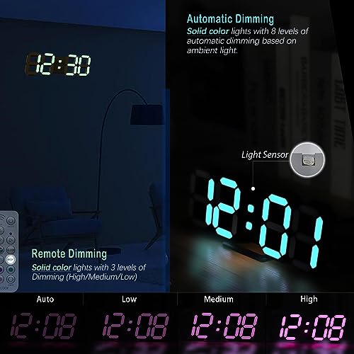 LED Digital Clock Neon Clock 9.7" Black Gaming Clock RGB LED Wall Clock for Living Room Desk Clock Large Display Clock for Bedroom, Black Clock with Dimming - color: 9.7in Black Clock-neon Light
