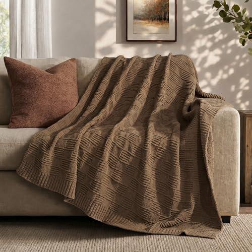 EVERGRACEHOME Modern Checkered Chenille Throw Blanket, 50x60, Camel Brown | Lightweight Warmth, All-Season Breathability, OEKO-TEX certified, Timeless Grid Pattern, Farmhouse Throw for Couch, Bed, Sofa - color: Camel Brown, size: 50" X 60"