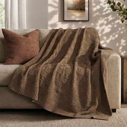 EVERGRACEHOME Modern Checkered Chenille Throw Blanket, 60x80, Camel Brown | Lightweight Warmth, All-Season Breathability, OEKO-TEX certified, Timeless Grid Pattern, Farmhouse Throw for Couch, Bed, Sofa - color: Camel Brown, size: 60" X 80"