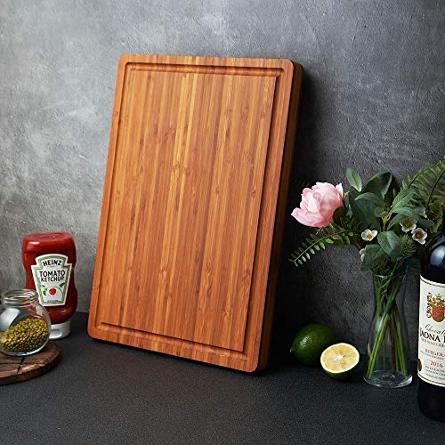 Allsum Large Wood Cutting Board for Kitchen, 1” Thick Bamboo Cheese Charcuterie Board, Butcher Chopping Block, with Juice Grooves and Handles - size: 17"L x 12.4"W